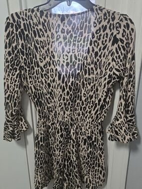 Express Leopard Romper Print Long Sleeve V-Neck Dress - Black and Cream